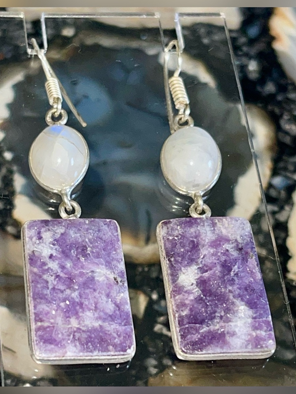 Lilac Lepidolite & Rainbow Moonstone Earrings 2 1/4”